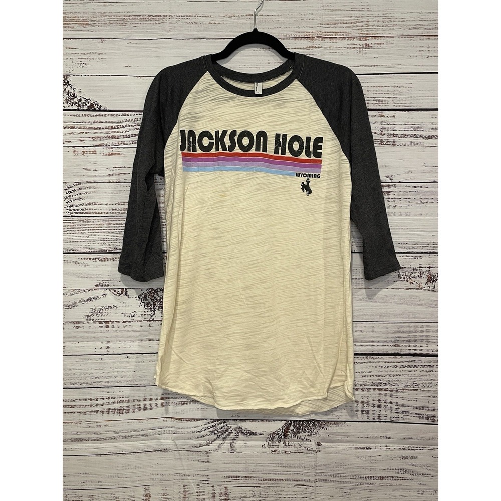 Jackson‎ Hole Wyoming Women XL Three Quarter Sleeve Baseball Shirt Ivory Gray